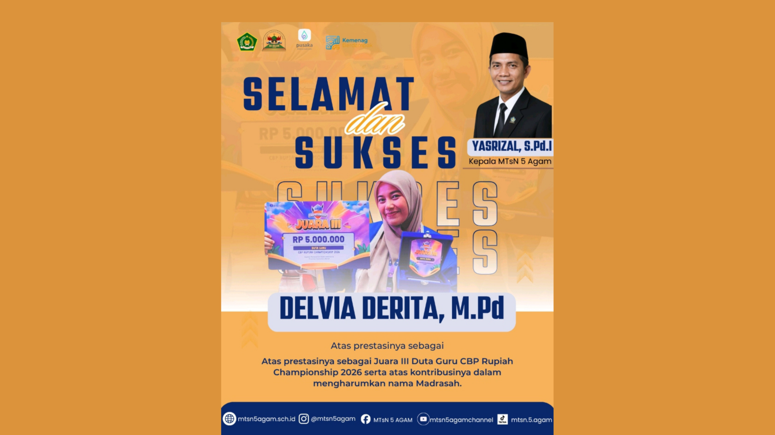 Dari Ruang Kelas Menuju Panggung Kehormatan: Kisah Inspiratif Juara III Duta Guru CBP Rupiah dari MTsN 5 Agam