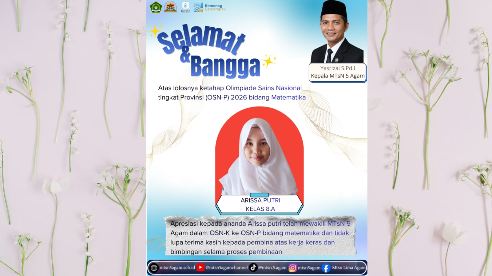 Prestasi Gemilang: Arissa Putri, Siswi MTsN 5 Agam Sukses Melaju ke OSN Provinsi 2026 Bidang Matematika